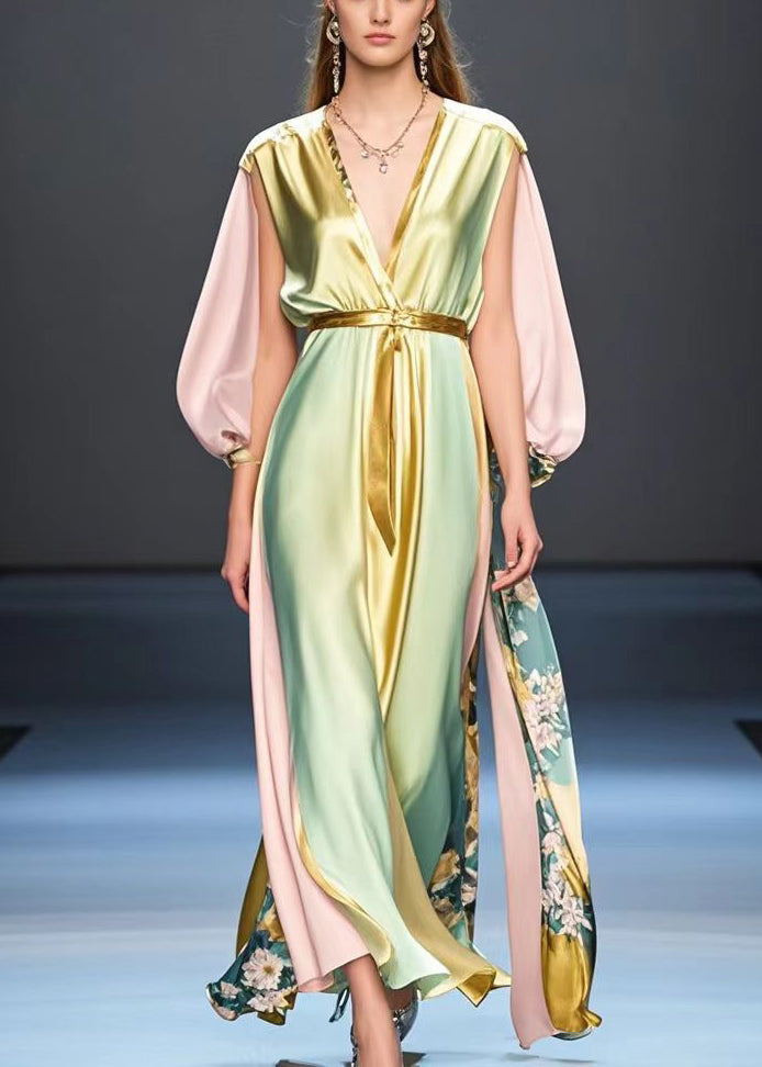 Boutique Gradient Color Cinched Patchwork Silk Long Dress Spring