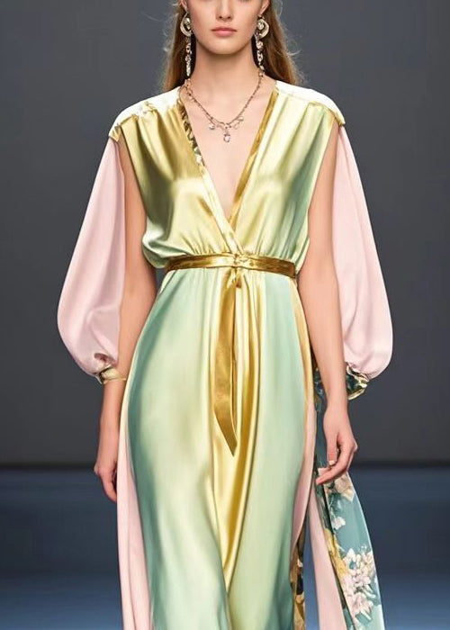 Boutique Gradient Color Cinched Patchwork Silk Long Dress Spring