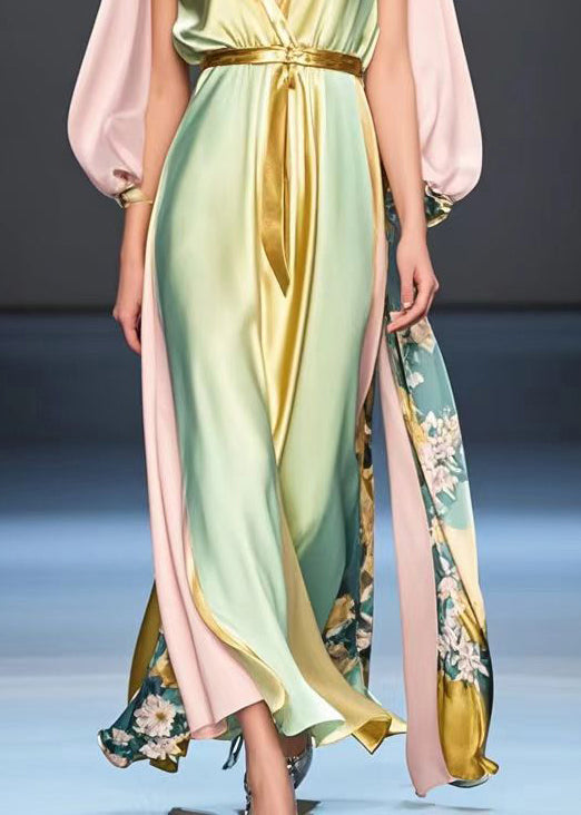Boutique Gradient Color Cinched Patchwork Silk Long Dress Spring