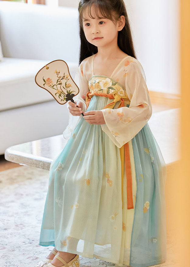 Boutique Gradient Color Embroideried Wrinkled Chiffon Kids Long Dresses Summer