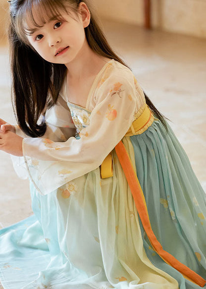 Boutique Gradient Color Embroideried Wrinkled Chiffon Kids Long Dresses Summer