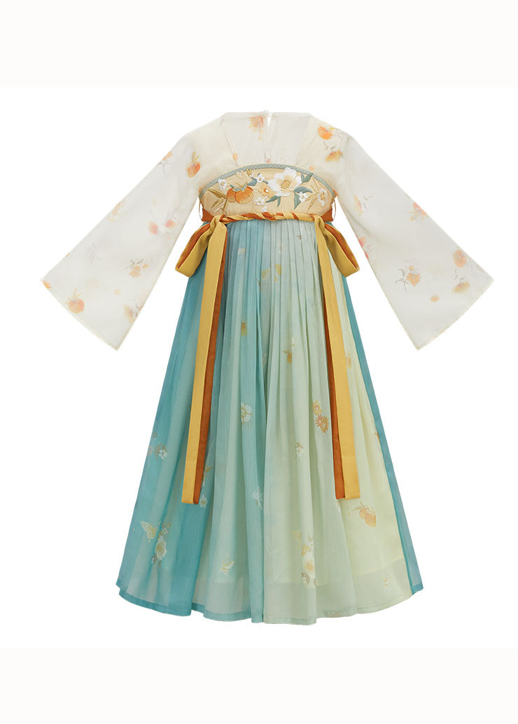 Boutique Gradient Color Embroideried Wrinkled Chiffon Kids Long Dresses Summer