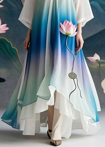 Boutique Gradient Color Lotus Print Chiffon Long Dress Spring