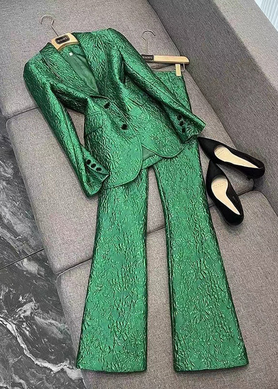 Boutique Green Coat and Pants Cotton Two Piece Set Outfits Spring