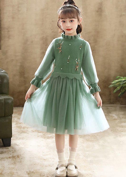 Boutique Green Embroideried Patchwork Tulle Baby Dress Fall