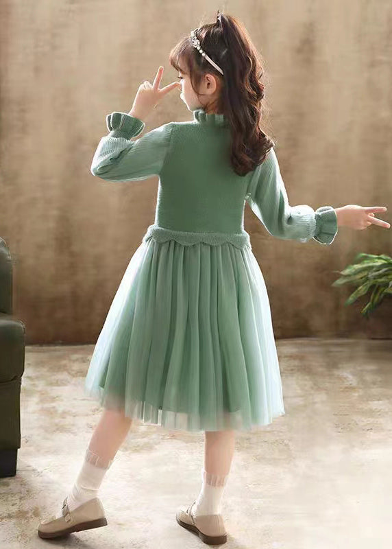 Boutique Green Embroideried Patchwork Tulle Baby Dress Fall