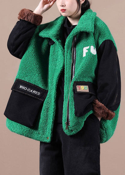 Boutique Green Embroideried Denim Patchwork Faux Fur Jackets Winter