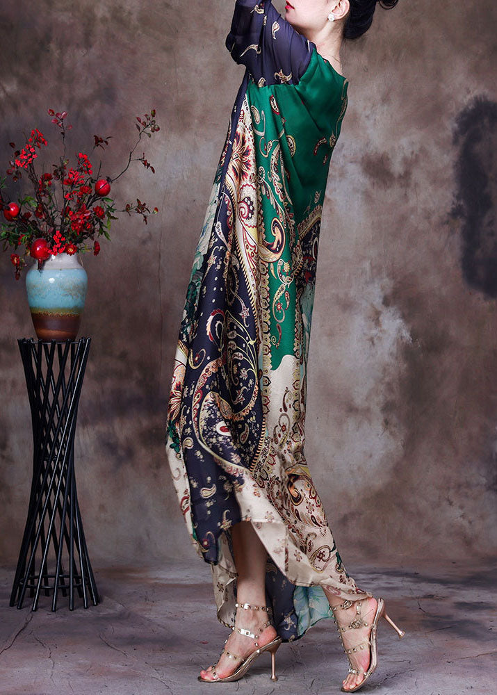 Boutique Green O-neck Original Design Print Draping Silk Maxi Dress Half Sleeve