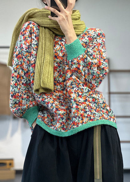 Boutique Green O-neck Patchwork Chunky Oversized Print Knit Pullover Winter