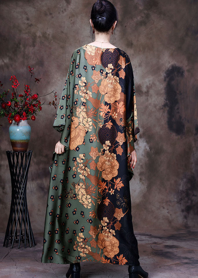 Boutique Green O-neck Patchwork Print Silk Holiday Dress Short Sleeve