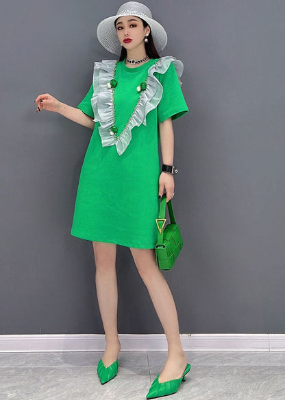Boutique Green O-neck Patchwork Ruffles Cotton Mid Dress Short Sleeve