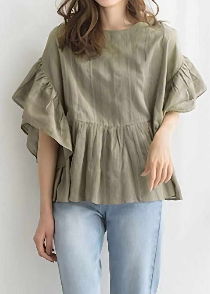 Boutique Green O-neck Patchwork Wrinkled Cotton a Line Blouse Tops Butterfly Sleeve