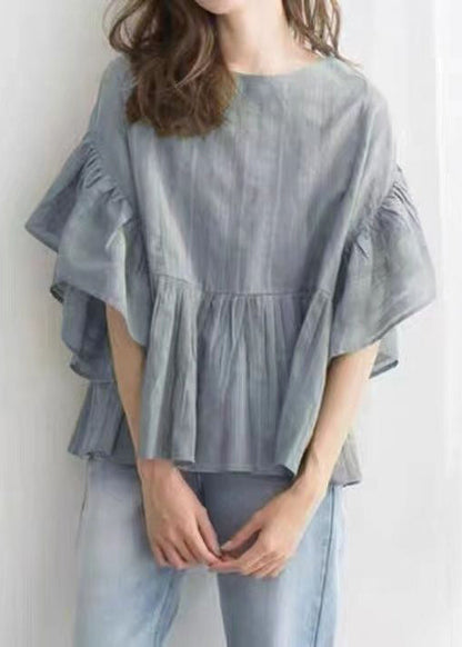 Boutique Green O-neck Patchwork Wrinkled Cotton a Line Blouse Tops Butterfly Sleeve