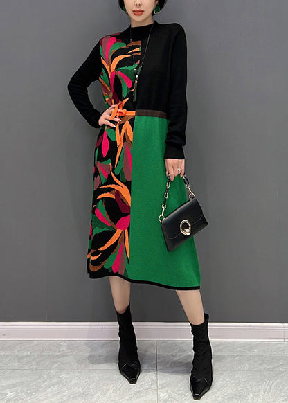 Boutique Green O-neck Print Patchwork Tie Waist Knit Long Dress Fall