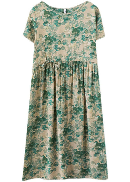 Boutique Green O-neck Tie Waist Print Wrinkled Cotton Linen Vacation Dress Short Sleeve