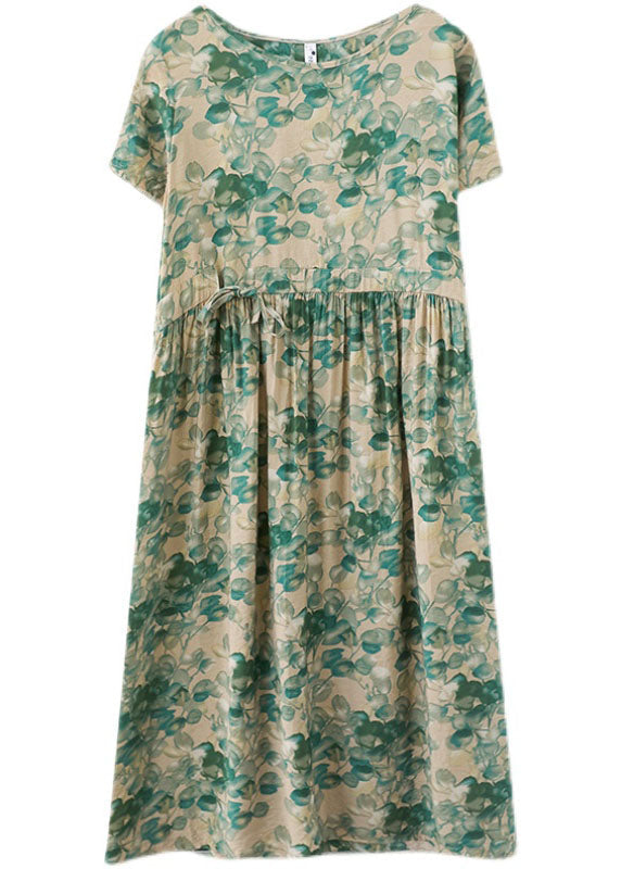 Boutique Green O-neck Tie Waist Print Wrinkled Cotton Linen Vacation Dress Short Sleeve