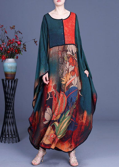 Boutique Green Print Button Retro O-neck Summer Chiffon Dresses