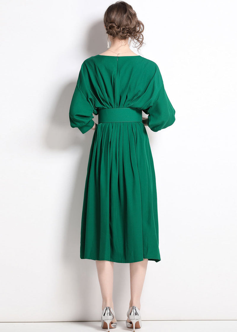 Boutique Green Color Sashes Chiffon Pleated Dress Batwing Sleeve