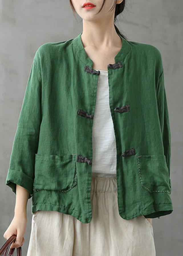 Boutique Grey Flowers Stand Collar Embroideried Patchwork Linen Coat