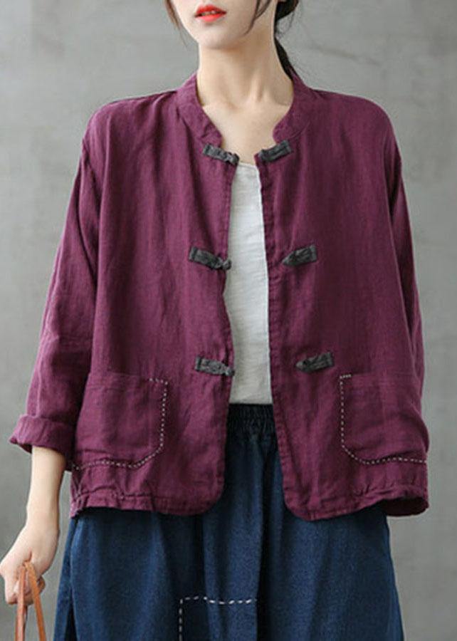 Boutique Grey Flowers Stand Collar Embroideried Patchwork Linen Coat