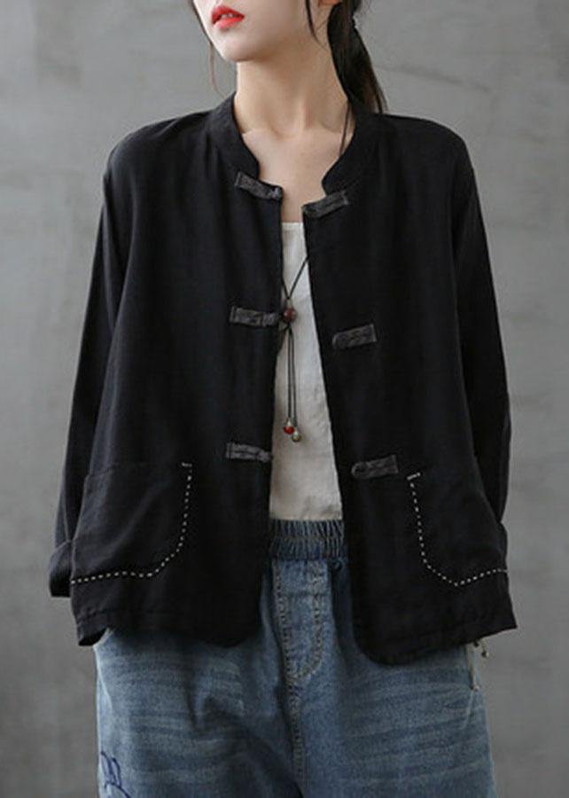 Boutique Grey Flowers Stand Collar Embroideried Patchwork Linen Coat