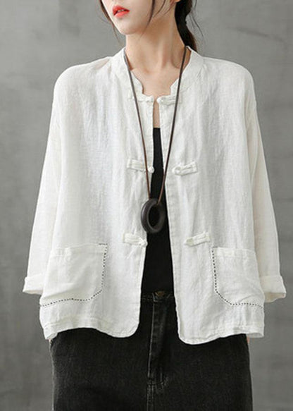 Boutique Grey Flowers Stand Collar Embroideried Patchwork Linen Coat