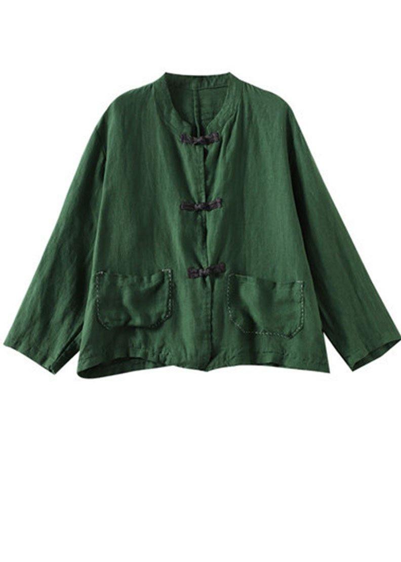 Boutique Grey Flowers Stand Collar Embroideried Patchwork Linen Coat
