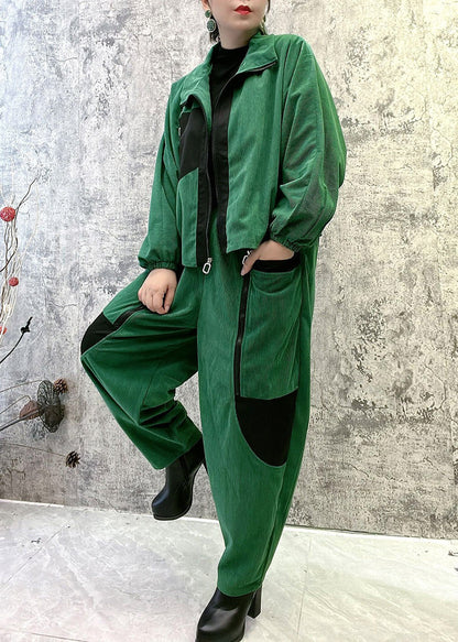 Boutique Green Stand Collar Zippered Warm Fleece Corduroy Coats and Pants Two Pieces Set Winter