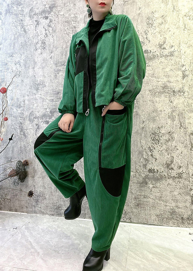 Boutique Green Stand Collar Zippered Warm Fleece Corduroy Coats and Pants Two Pieces Set Winter