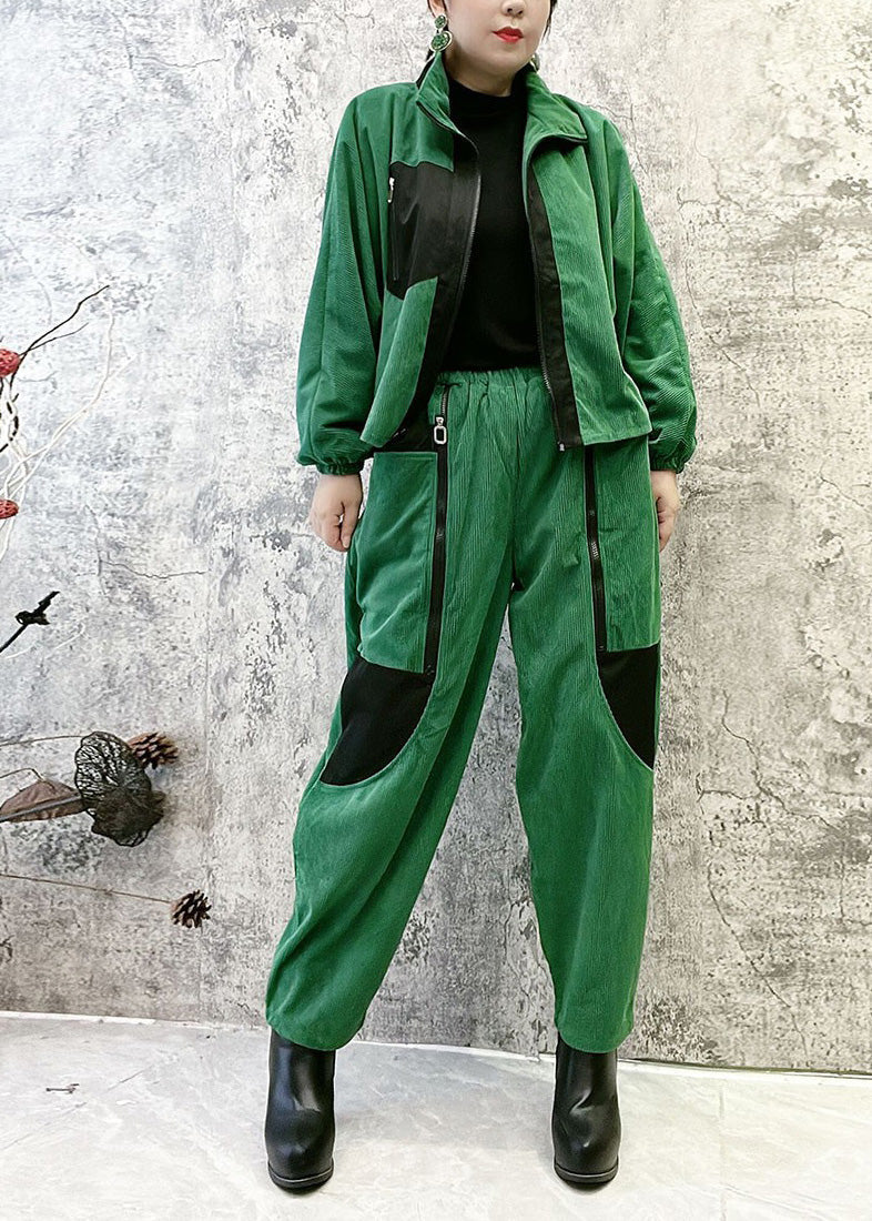 Boutique Green Stand Collar Zippered Warm Fleece Corduroy Coats and Pants Two Pieces Set Winter