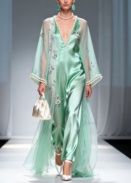 Boutique Green V Neck Nail Bead Silk Long Dress Summer