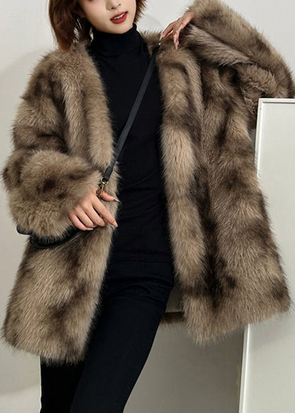 Boutique Green V Neck Print Leather and Fur Coats Spring