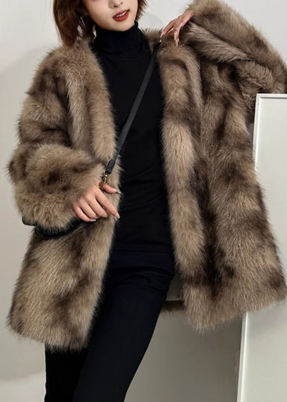 Boutique Green V Neck Print Leather and Fur Coats Spring