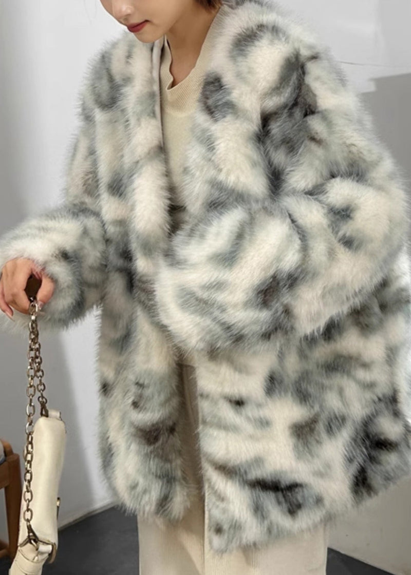 Boutique Green V Neck Print Leather and Fur Coats Spring