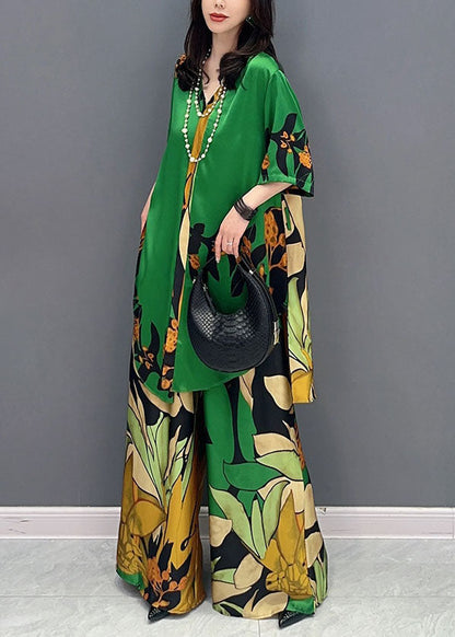 Boutique Green V Neck Print Patchwork Tops and Pants Silk Two Pieces Set Summer