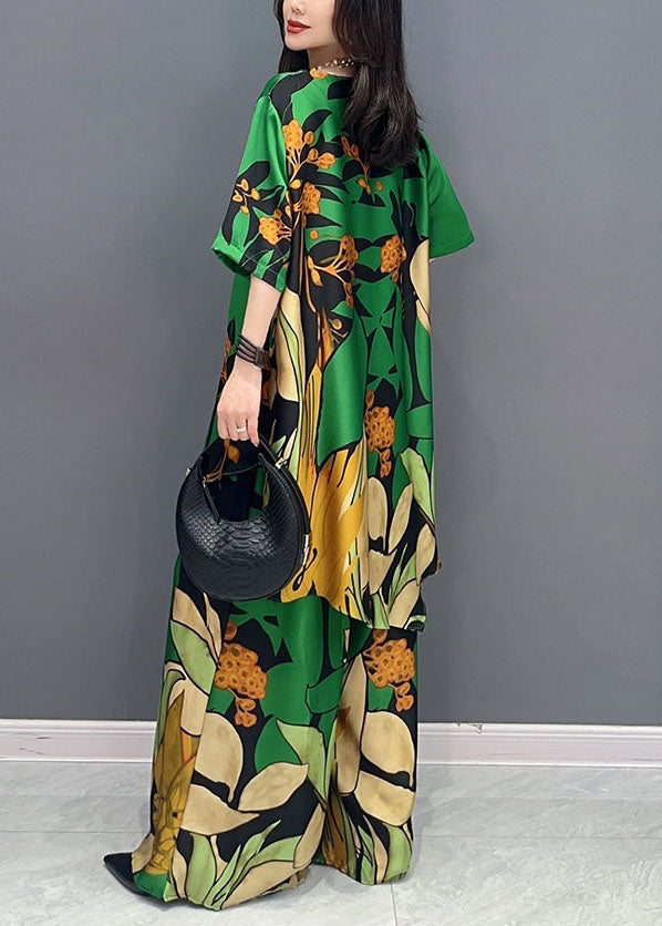 Boutique Green V Neck Print Patchwork Tops and Pants Silk Two Pieces Set Summer