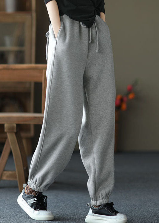 Boutique Grey Cinched Pockets Warm Fleece Pants Trousers Winter