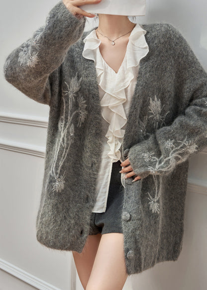 Boutique Grey Embroidered Sequins Cotton Knit Cardigan Spring