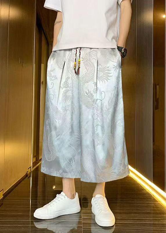 Boutique Grey Pockets Oriental Print Ice Silk Crop Pants Summer