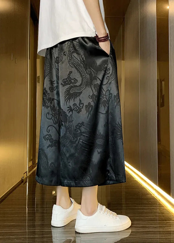 Boutique Grey Pockets Oriental Print Ice Silk Crop Pants Summer