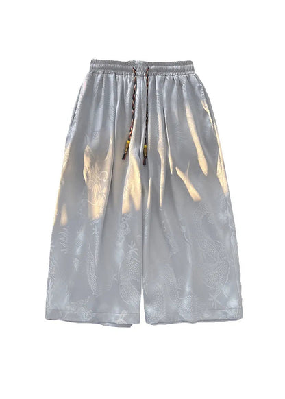 Boutique Grey Pockets Oriental Print Ice Silk Crop Pants Summer