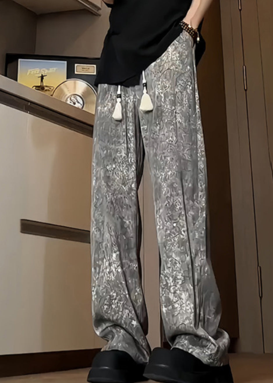 Boutique Grey Pockets Print Ice Silk Trousers Summer