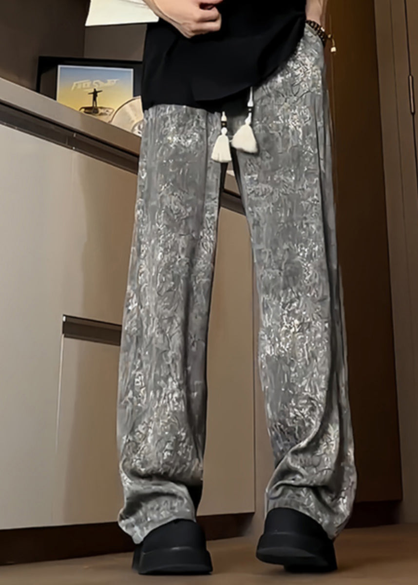 Boutique Grey Pockets Print Ice Silk Trousers Summer