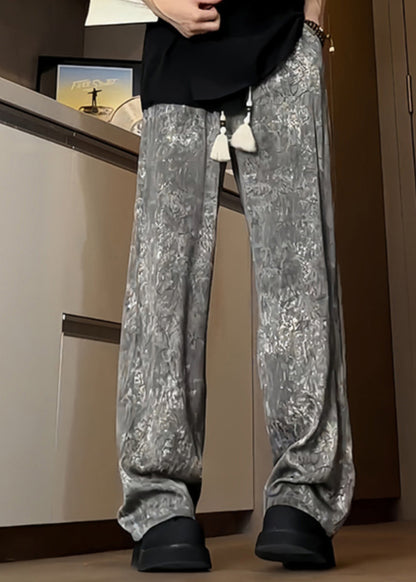 Boutique Grey Pockets Print Ice Silk Trousers Summer