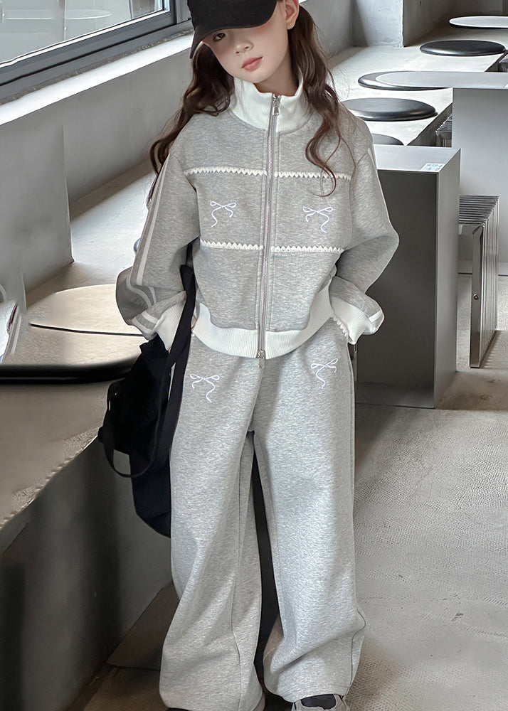 Boutique Grey Stand Collar Patchwork Coats and Wide Leg Pants Two Pieces Sets Spring