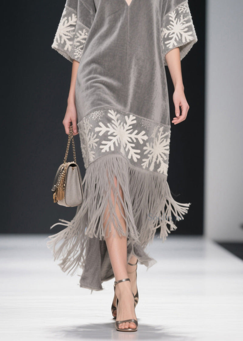 Boutique Grey V Neck Tassel Patchwork Velvet Dress Summer