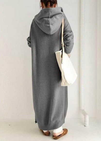 Boutique Grey Zippered Pockets Patchwork Hooded Fleece Coat Fall