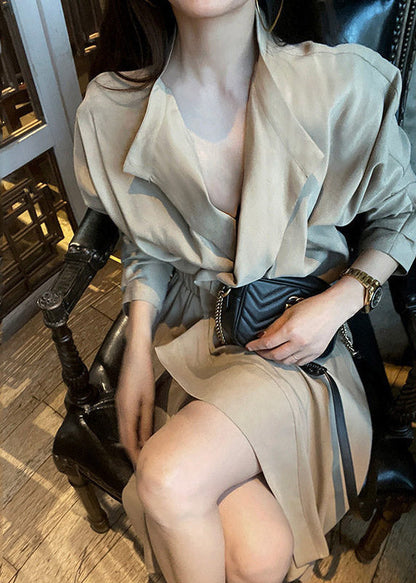 Boutique Khaki Peter Pan Collar Wrinkled Elastic Waist Maxi Dresses Spring