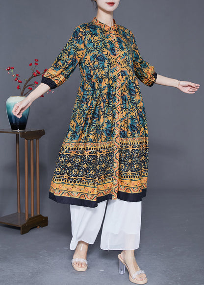 Boutique Khaki Stand Collar Print Silk a Line Dress Summer