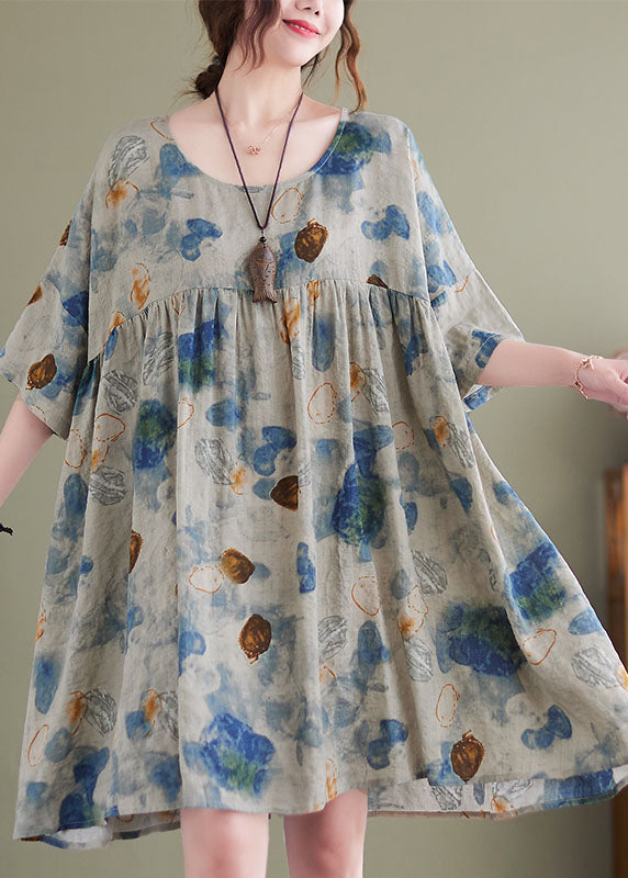 Boutique Lake Blue O-neck Wrinkled Print Linen Maxi Dresses Short Sleeve